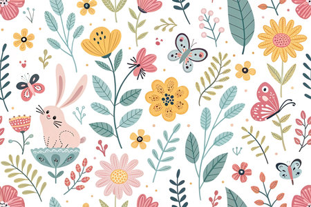 Seamless pastel floral pattern with bunny and butterflies.の素材