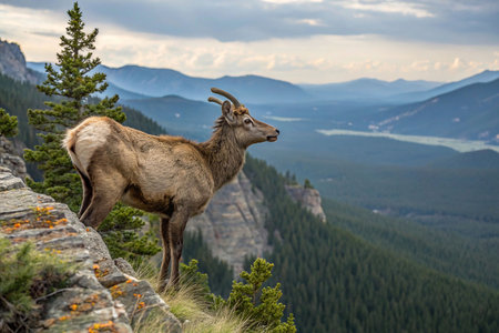 Elk standing on a mountain cliff overlooking a valley.の素材