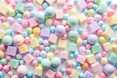 Pastel-colored spheres and cubes background.の素材