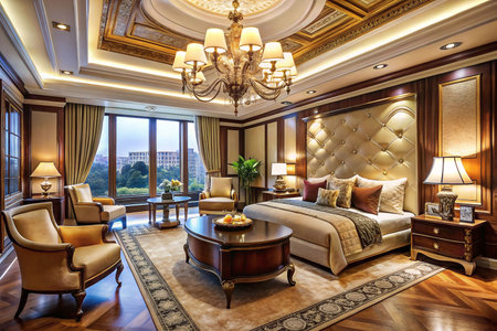 Luxurious master bedroom with city view, elegant furniture, and ornate ceiling.の素材