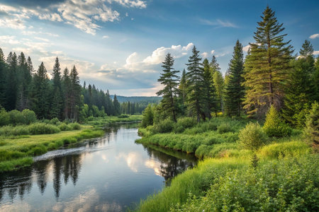 Serene river flowing through lush green forest landscape under a partly cloudy sky.の素材