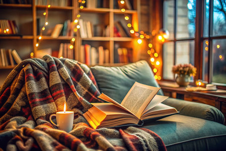Cozy autumn scene with book, blanket, candle, and warm lighting.の素材
