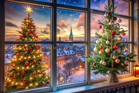 Festive Christmas scene viewed from window.の素材