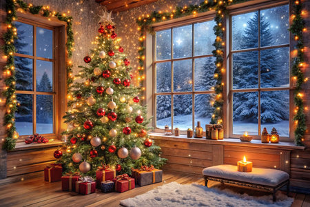 Decorated Christmas tree in cozy wooden room with snowy winter scene outside.の素材