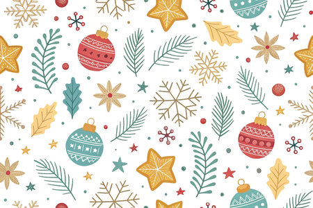Seamless Christmas pattern with ornaments, snowflakes, stars, and leaves.の素材