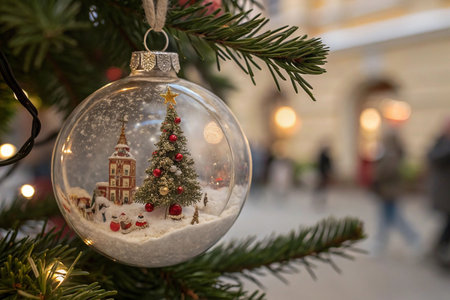 Miniature winter village scene inside a glass Christmas bauble hanging on a Christmas tree.の素材