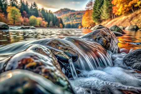 Autumn river flowing over rocks.の素材