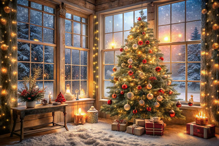 Christmas tree in cozy cabin at night.の素材