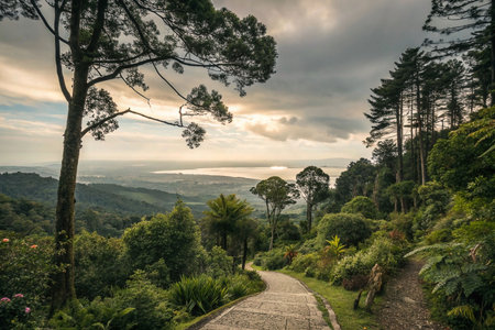 Scenic winding path overlooking a tranquil lake and lush forest at sunset.の素材