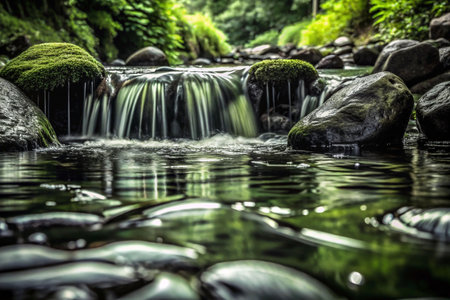 Serene creek cascading over mossy rocks.の素材
