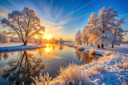 Frosty sunrise over calm river reflecting golden light on snow-covered trees and grass.の素材