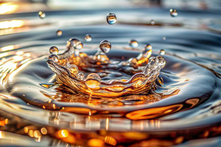 Golden water droplet splash with ripples.の素材