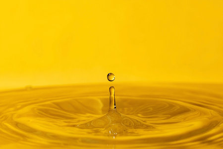 Golden liquid drop falling, creating ripples on yellow surface.の素材
