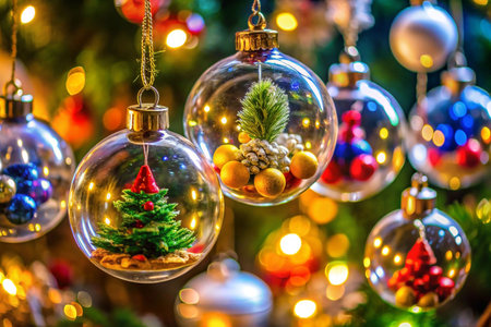 Transparent Christmas baubles with miniature trees and ornaments hanging on a decorated tree.の素材