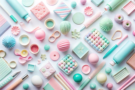 Pastel-colored objects arranged in a flat lay composition.の素材