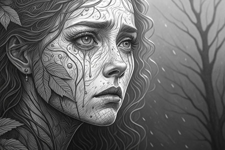 Weeping woman with leaves and vines on her face, monochrome.の素材