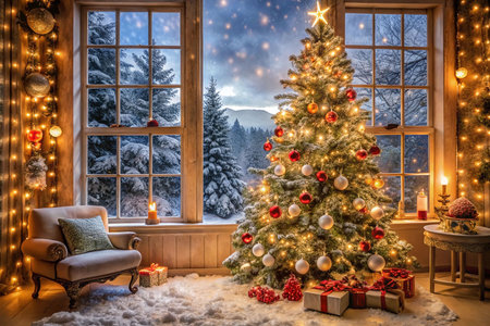 Festive Christmas tree by snowy window.の素材