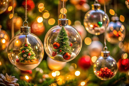 Transparent Christmas baubles with miniature trees and berries hanging on a decorated tree.の素材