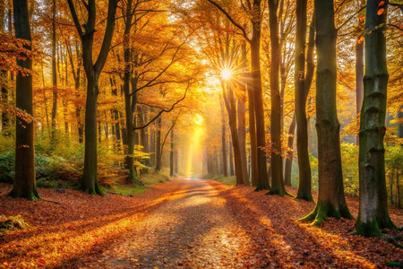 Sunlit autumn path through golden forest.の素材