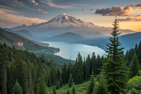 Majestic mountain sunset over serene lake and lush forest.の素材