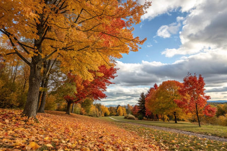 Vibrant autumn foliage on a park path.の素材