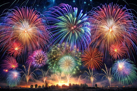 Vibrant fireworks display exploding over city skyline at night.の素材