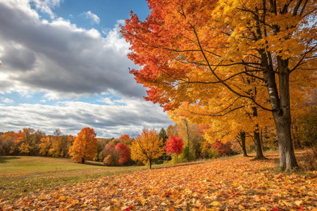 Vibrant autumn landscape with colorful trees and fallen leaves.の素材