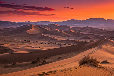 Vibrant sunrise over expansive desert dunes, showcasing textured sand and distant mountains.の素材