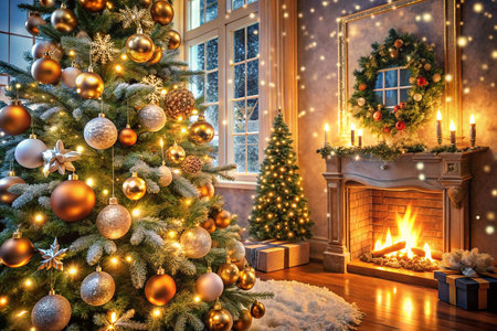 Festive Christmas room with decorated tree, fireplace, and gifts.の素材