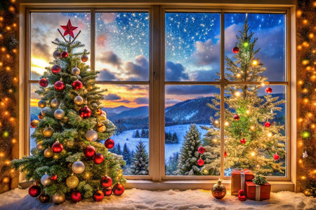 Christmas trees by snowy window with mountain sunset view.の素材