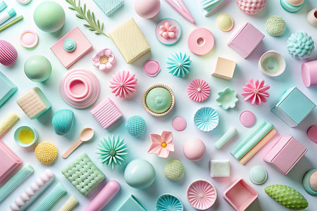 Pastel-colored geometric shapes and floral elements arranged on a white background.の素材