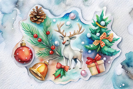 Watercolor Christmas reindeer, tree, ornaments, and pine cone.の素材
