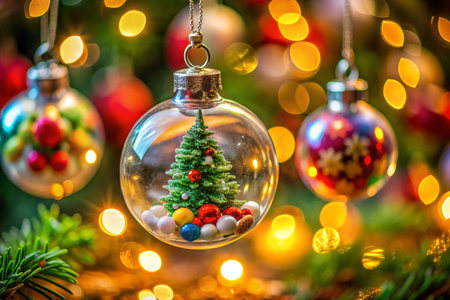 Christmas tree miniature inside clear glass bauble ornament.の素材