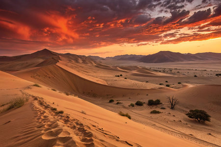 Dramatic sunset over rolling sand dunes in a desert landscape.の素材