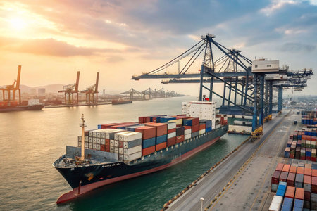 Container ship at sunset in busy port.の素材