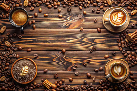 Coffee beans, cups, latte art, sugar, wood.の素材