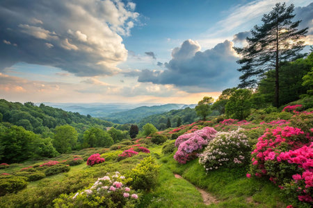 Scenic mountain landscape with blooming rhododendrons.の素材