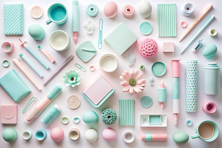 Pastel-colored objects arranged on white background.の素材