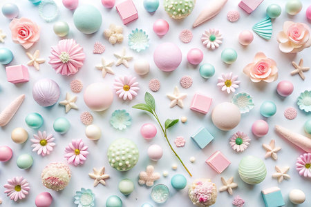 Pastel-colored spheres, flowers, and shapes arranged on a white background.の素材