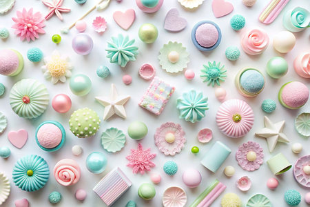 Pastel sweets, candies, and decorations on white background.の素材
