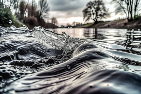 Close-up of water ripples and bubbles on a river surface at sunset.の素材