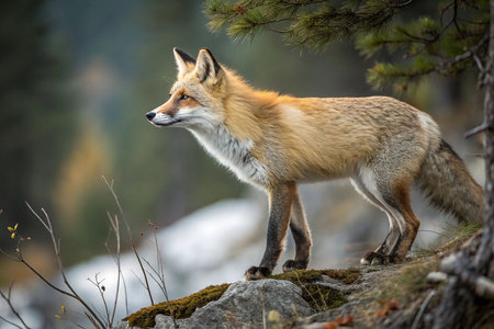 Red fox standing on rocks in forest.の素材
