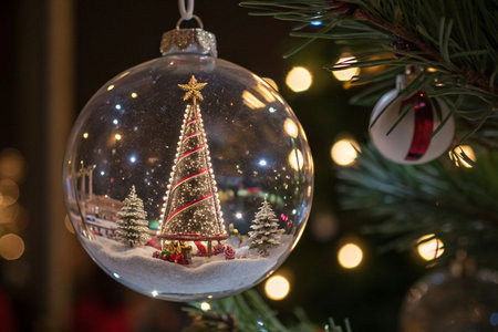 Miniature Christmas tree inside a glass ornament hanging on a decorated tree.の素材