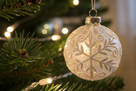 White frosted Christmas bauble with snowflake design on a decorated tree.の素材