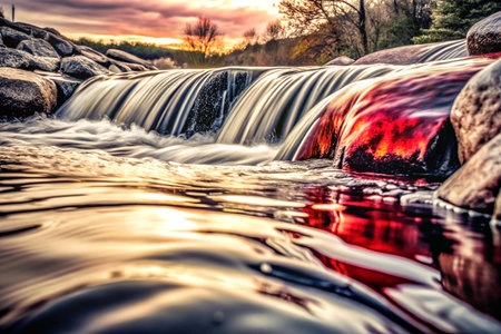 Sunset over cascading waterfall with red water reflection.の素材
