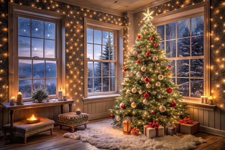 Christmas tree in cozy room with snowy landscape view.の素材