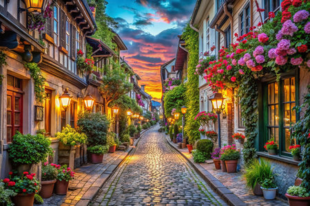 Cobblestone street, colorful houses, sunset, flowers.の素材