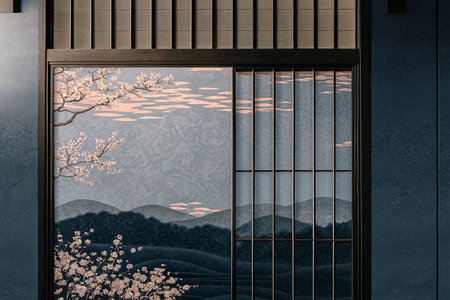 Sliding shoji screen with cherry blossom and mountain landscape.の素材