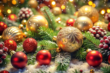 Festive Christmas ornaments, red and gold baubles on snowy fir branches with bokeh lights. (1)の素材