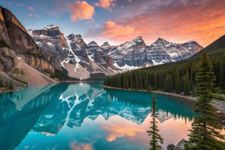Sunrise over turquoise lake reflecting snow-capped mountains and pine trees.の素材